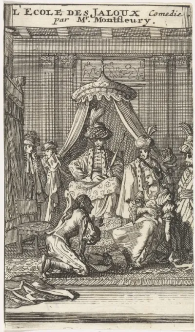 Titelpagina voor het toneelstuk 'L'Ecole des Jaloux' van A.J. Montfleury, 1698