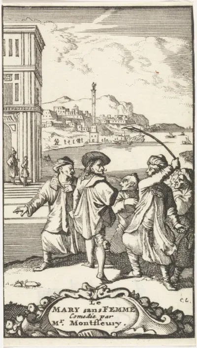 Titelpagina voor het toneelstuk 'Le Mary sans Femme' van A.J. Montfleury, 1698