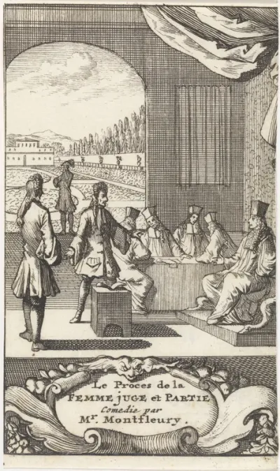 Titelpagina voor het toneelstuk 'Le Proces de la Femme juge et Partie' van A.J. Montfleury, 1698