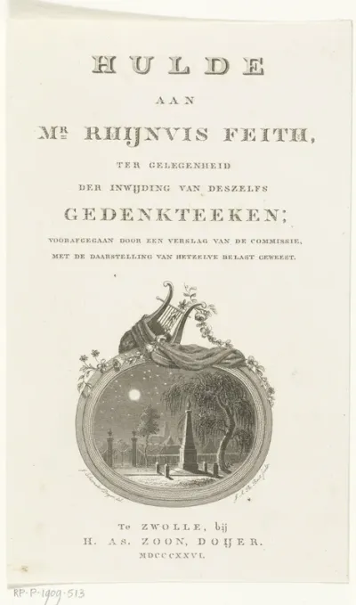 Titelpagina voor: Hulde aan Mr Rhijnvis Feith, ter gelegenheid der inwijding van deszelfs gedenkteeken; voorafgegaan door een verslag van de commissie, met de daarstelling van hetzelve belast geweest, Zwolle 1826