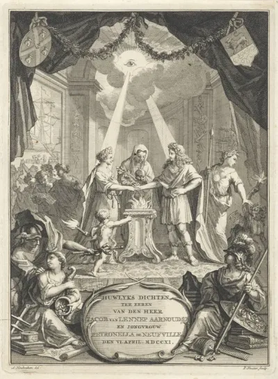Titelpagina voor: Huwelyks dichten ter gelukkiger verëeniginge van (...) Jacob van Lennep Aarnoudsz. met jongvrouw Petronella de Neufville, 1711