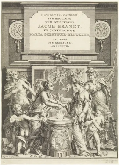 Titelpagina voor Huwelyks-zangen, ter bruiloft van den heere Jacob Brandt, en jonkvrouwe Maria Geertruid Beudeker, 1727