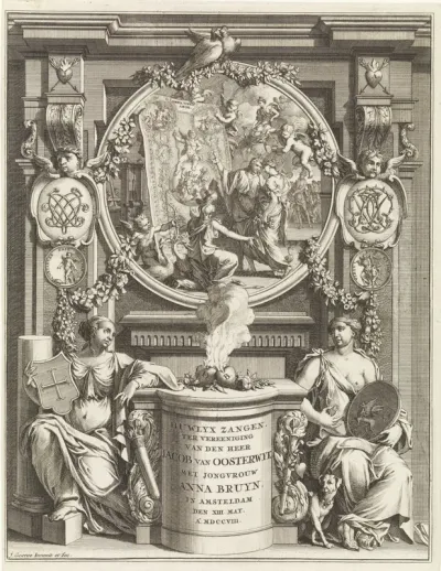 Titelpagina voor Huwelyx zangen. Ter vereeniging van de heer Jacob van Oosterwyck met Jongvrouw Anna Bruyn, 1708