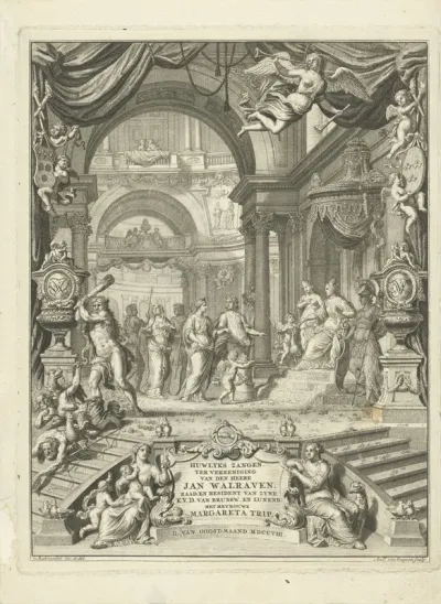 Titelpagina voor: Huwlykszangen ter vereeniging van den heere Jan Walraven, raadt (...) van zyne keurvorstelyke doorluchtigheit van Brunswyk en Lunenburg. Met mevrouwe Margareta Trip. Amsterdam, 108