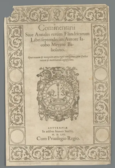 Titelpagina voor: J. de Meyere, Commentarii siue annales rerum Flandricarum libri septendecim, 1561