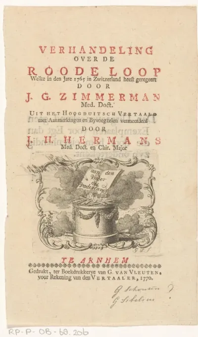 Titelpagina voor: J.G. Zimmerman en J.H. Hermans, Verhandeling over de roode loop Welke in den Jare 1765 in Zwitzerland heeft geregeert, 1770