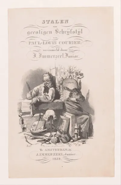 Titelpagina voor: J. Immerzeel, Stalen van Geestigen Schrijfstijl van Paul Louis Courier; verzameld door J. Immerzeel junior, 1839