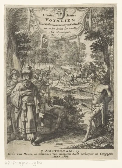 Titelpagina voor: J.J. Struys, Drie aanmerkelijke en seer rampspoedige reysen door Italien, Grieckenlandt, Lijslandt, Moscovien, Tartarijen, Meden, Persien, Oost-Indien, apen en verscheyden andere gewesten, 1677