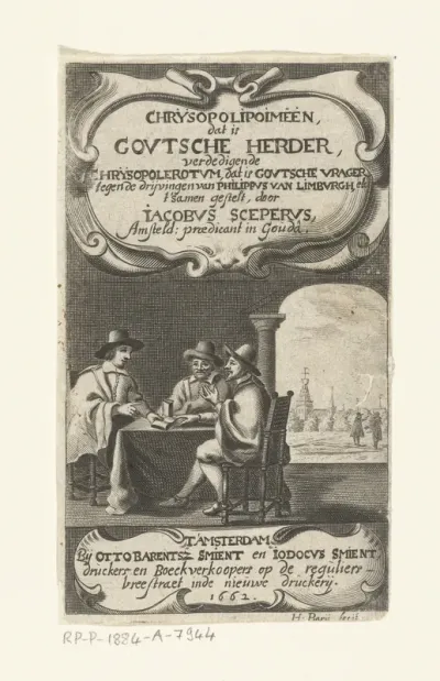 Titelpagina voor: J. Sceperus, Chrysopolipoimeen, dat is Govtsche herder, verdedigende Chrysopolerotvm, dat is Govtsche vrager, tegen de drijvingen van Philippvs van Limbvrgh, Amsterdam, 1662