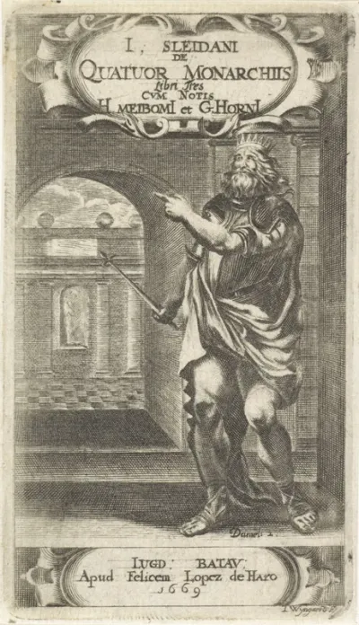 Titelpagina voor: J. Sleidanus, De quatuor monarchiis libri tres, 1669