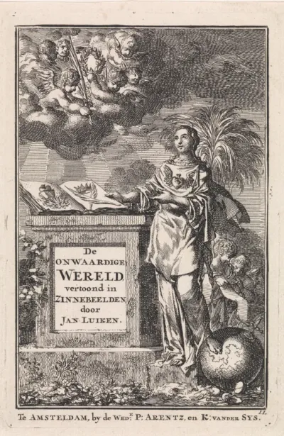 Titelpagina voor Jan Luyken 'De Onwaardige Wereld', 1710