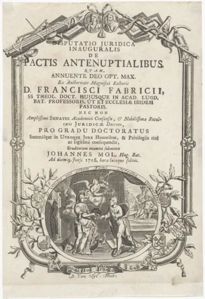 Titelpagina voor: Johannes Mol, Disputatio juridica inauguralis de pactis antenuptialibus, 1716