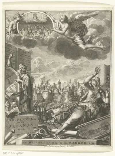 Titelpagina voor: Johannes Plevier, Nederlands volk onder Godts drukkende en dreigende oordeelen overtuigd (...) in eene verklaaringe en toepassinge van Sefanjas voorzegginge, Middelburg 1744