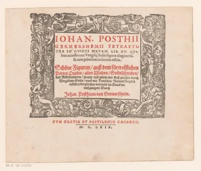 Titelpagina voor: Johannes Posthius, Tetrasticha in Ovidii metam, 1569
