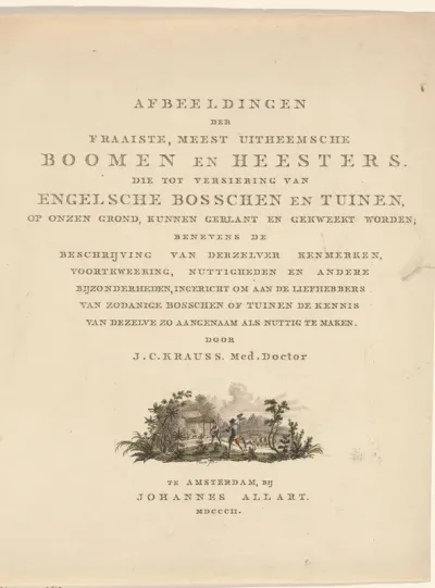 Titelpagina voor: Krauss, J.C. 'Afbeeldingen der fraaiste, meest uitheemsche boomen en heesters', 1802