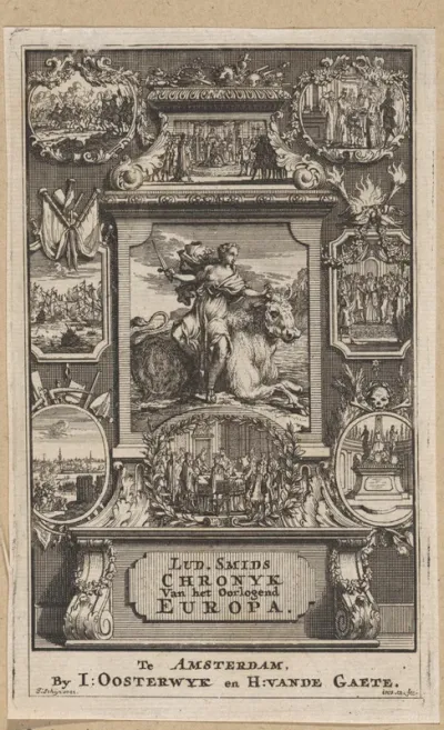 Titelpagina voor: L. Smids, Oorlogend Europa, of Een korte chronyk van het voorgevallene in staat en oorlog, 1715