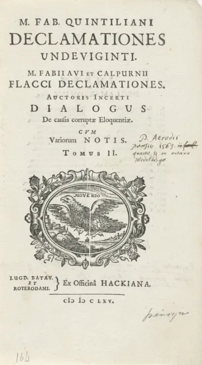 Titelpagina voor: M. Fabius Quintilianus, Declamationes undeviginti, 1665
