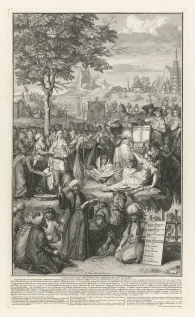Titelpagina voor: Naaukeurige beschryving der uitwendige godtsdienst-plichten, kerk-zeden en gewoontens van alle volkeren der waereldt, 1727-1738