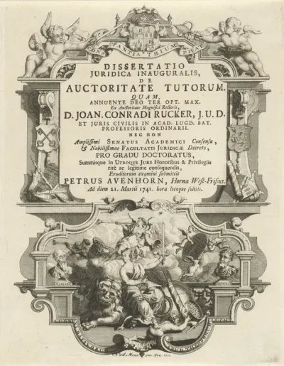 Titelpagina voor: P. Avenhorn, Dissertatio juridica inauguralis, de auctoritate tutorum, 1741