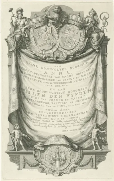 Titelpagina voor: P. Le Clercq, Geschiedenissen der vereenigde Nederlanden, 1752