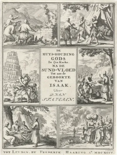 Titelpagina voor: P. van Staveren, De huyshoudinge Gods in sĳn kerke, na de sundvloed tot aan de geboorte van Isaak, 1694