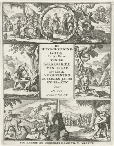 Titelpagina voor: P. van Staveren, De huyshoudinge Gods in sĳn kerke, na de sundvloed tot aan de geboorte van Isaak, 1695