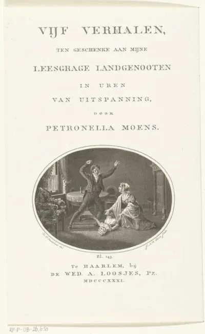 Titelpagina voor: Petronella Moens, Vijf Verhalen, ten geschenke aan mijne leesgrage landgenooten in uren van uitspanning, Haarlem 1831