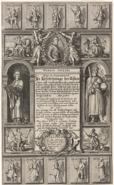 Titelpagina voor: Pierre d'Avity, Wereld spiegel, 1621