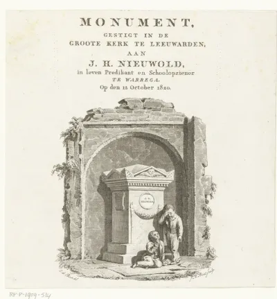 Titelpagina voor: Plegtige toewijding van het monument gestigt in de Groote Kerk te Leeuwarden aan J.H. Niewold, in leven predikant en schoolopziener te Warrega, op den 12 oktober 1820, Amsterdam 1822