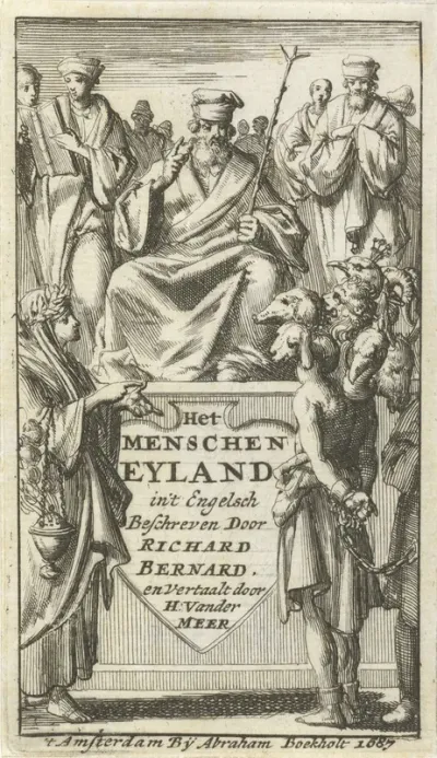 Titelpagina voor: R. Bernard, Het menschen-eyland, ofte Rechts-pligtige procedure tegens de sonde, 1686