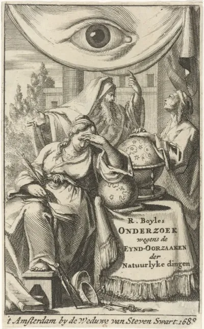 Titelpagina voor: R. Boyle, Onderzoek wegens de eynd-oorzaaken der natuurlyke dingen, 1688