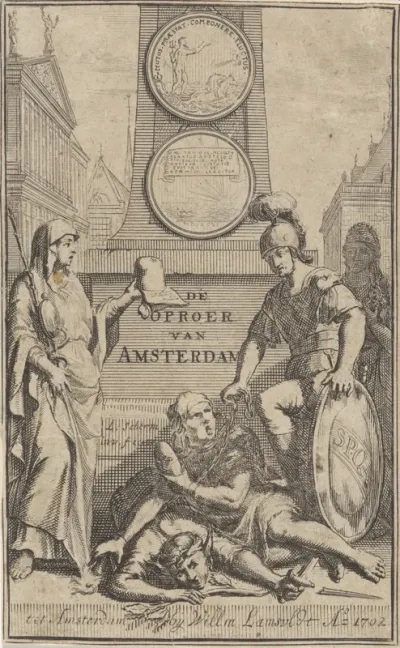 Titelpagina voor: Rabus, Pieter. Historie van den oproer, te Amsterdam voorgevallen (…) 1696 (…), 1702 / 1725 / 1733