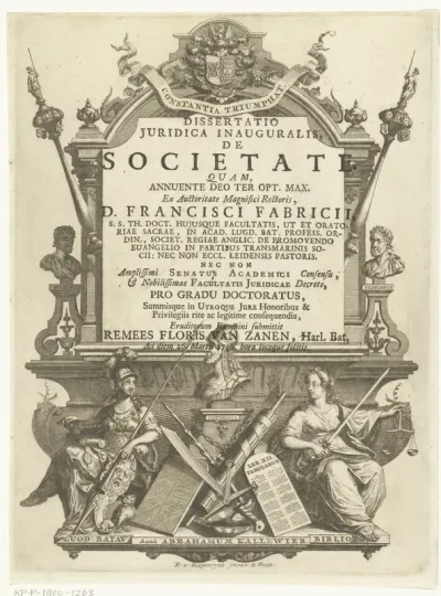 Titelpagina voor: Remees Floris van Zanen, Dissertatio juridica inauguralis de societate, Leiden 1736
