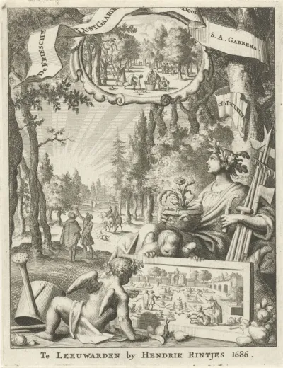Titelpagina voor: S. A. Gabbema, Friesche lvst-gaarde ofte Boom-heester-bloem- en kruyd-waarande, bestaande uyt der gewassen beschrĳvinge, 1686