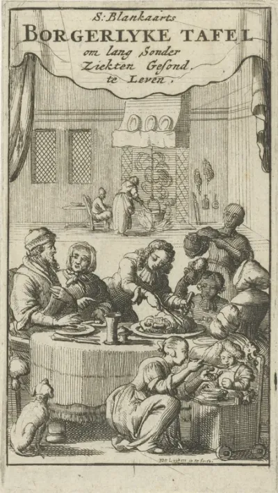 Titelpagina voor: S. Blankaart, De borgerlyke tafel, om lang gesond sonder ziekten te leven, 1683