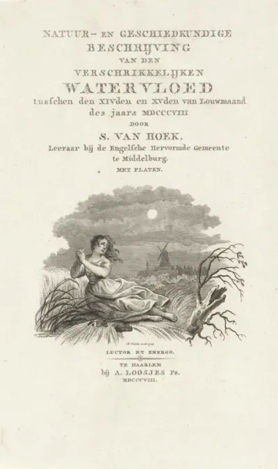 Titelpagina voor: S. van Hoek 'Natuur- en Geschiedkundige Beschrijving van den verschrikkelijken Watervloed', 1808