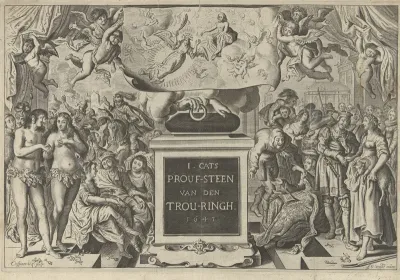 Titelpagina voor 's Werelts begin, midden, eynde besloten in den trov-ringh van Jacob Cats, 1643