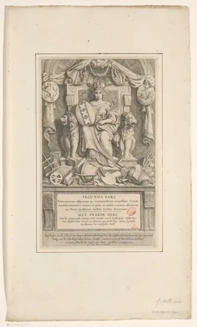 Titelpagina voor: Secunca pars (…) / Het tweede deel Van de voornaemste Statuen ende Cieraten van 't konst-rijcke Stadt-huys van Amstelredam 'tmeeste in Marmer gemaeckt door Artus Quellinus Beelthouwer der voorseyde Stadt, 1663