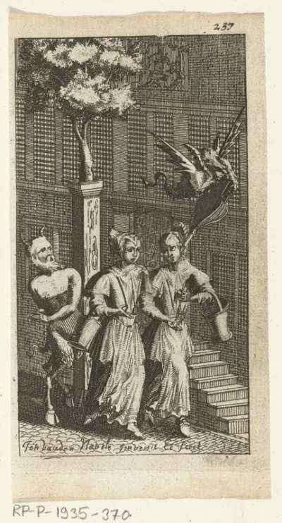 Titelpagina voor Simon de Vries, Seven Duyvelen regeerende en serveerende de Hedendaeghsche Dienstmaegden, Amsterdam, 1682