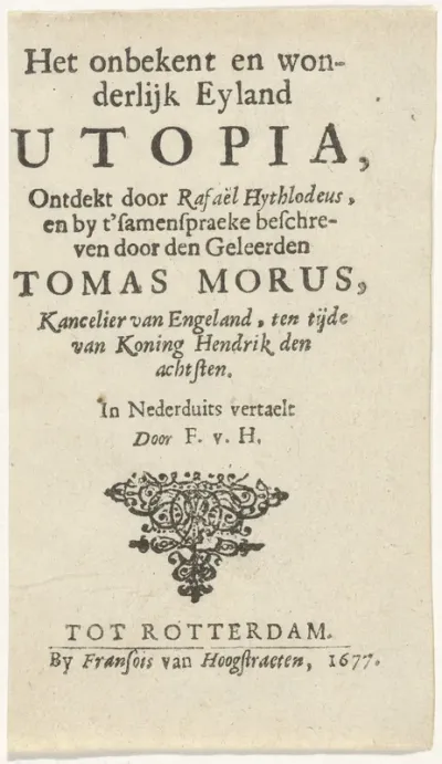 Titelpagina voor: T. Morus, Het onbekent en wonderlijk eyland Utopia, 1677