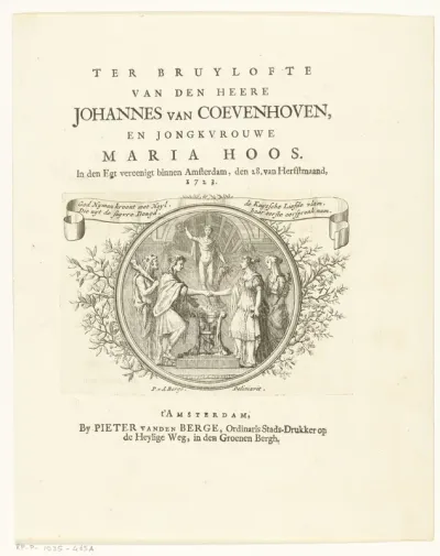 Titelpagina voor Ter bruylofte van den heere Johannes van Coevenhoven en jongkvrouwe Maria Hoos, Amsterdam, 1723