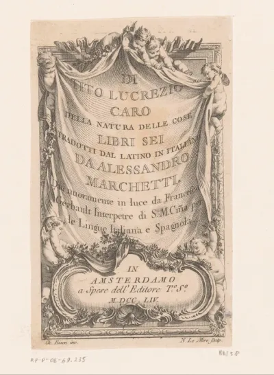 Titelpagina voor: Titus Lucretius Carus, Di Tito Lucrezio Caro Della natura delle cose libri sei, 1754