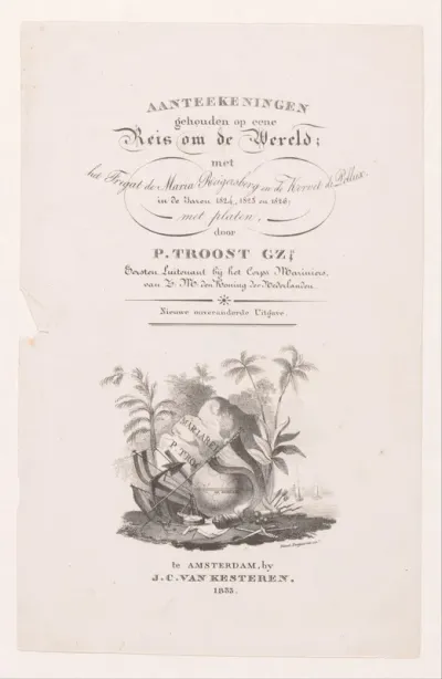 Titelpagina voor: Troost Gzn, P. Aanteekeningen gehouden op eene reis om de wereld met het fregat de Maria Reigersberg en de Korvet de Pollux (...) 1833