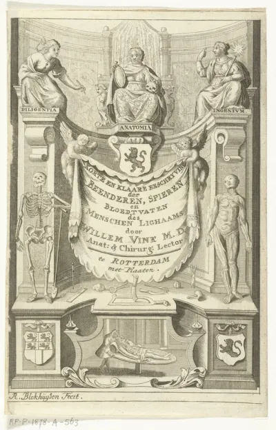 Titelpagina voor: Willem Vink, Korte en klaare beschryving der beenderen en spieren van't menschen lighaam, Rotterdam 1732