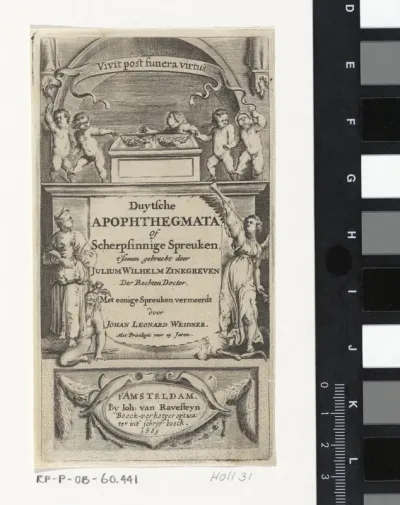 Titelpagina voor: Zinkgreven, Julius Wilhelm en Weidner, Johan Leonard. Duytsche apophthegmata of scherpsinnige spreuken, 1669