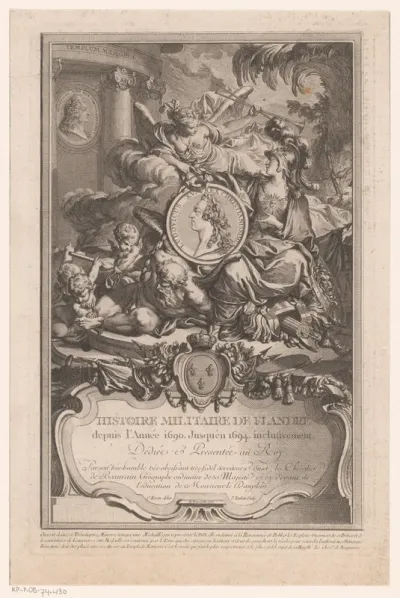 Titelprent met allegorie op de oorlogsverdiensten van koning Lodewijk XV