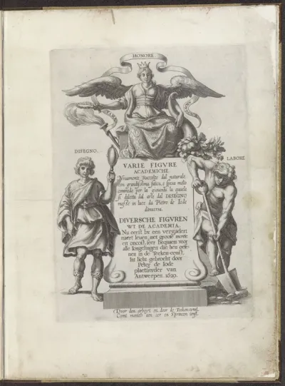 Titelprent met allegorische figuren van Eer, Tekenkunst en Arbeid