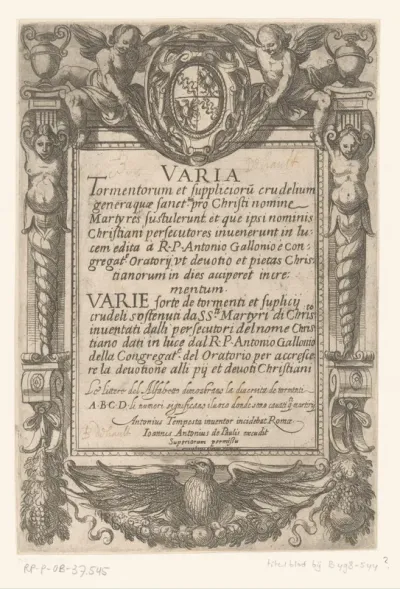 Titelprent met architectonische rand met kariatiden, een adelaar en engelen met een wapenschild