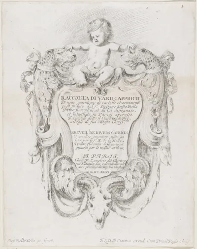 Titelprent met cartouche met een putto, twee panterkoppen en een schedel van een ram