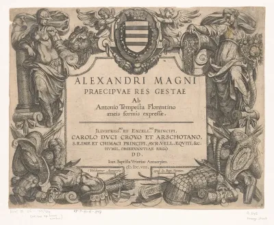 Titelprent met cartouche met personificaties van Standvastigheid en Veelvuldigheid, twee putti met een wapenschild, wapentuig en titel